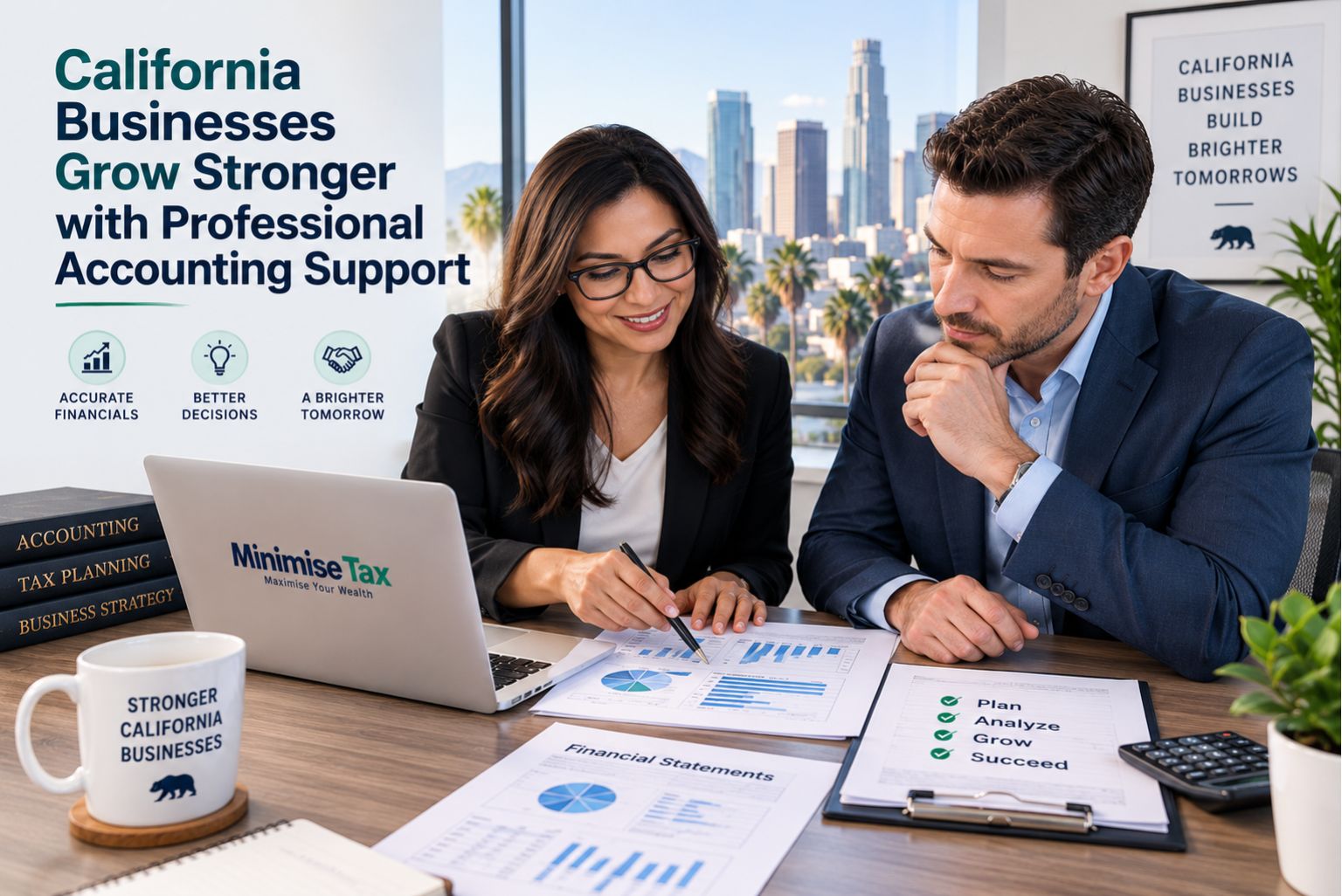 Professional California business owner reviewing financial statements with an accountant